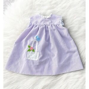 Vintage purple & white gingham dress with embroidered bird & floral Smock 6-9M
